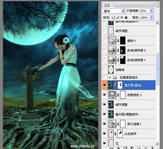 PS合成黑夜中在墓地里哭泣的静坐美女