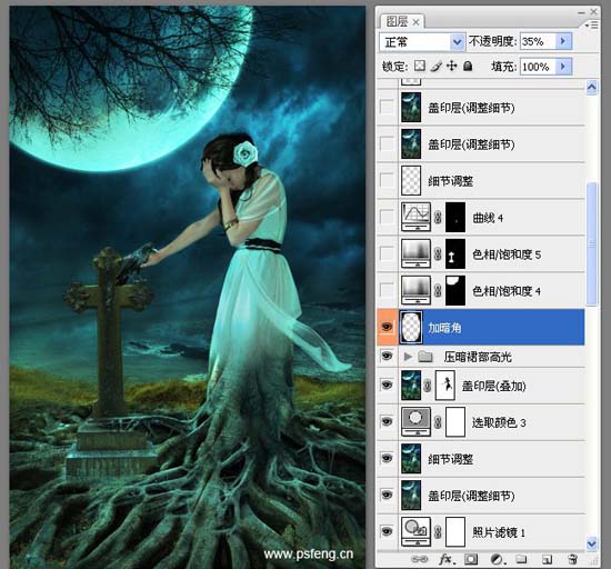 PS合成黑夜中在墓地里哭泣的静坐美女