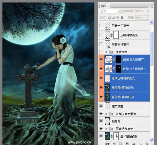 PS合成黑夜中在墓地里哭泣的静坐美女