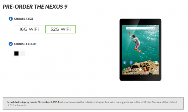399美元起售 Nexus 9平板已正式接受预定 两到三周左右发货”