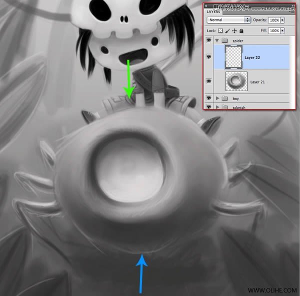 Photoshop绘制一幅骑在宠物蜘蛛上的孩子奇幻插画教程