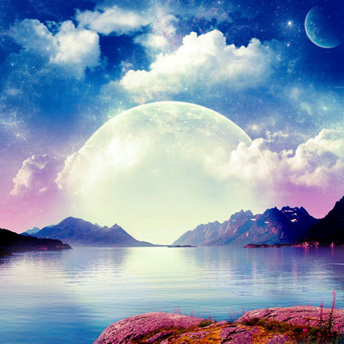 PS合成巨大月亮在水面升起的唯美梦幻场景图片