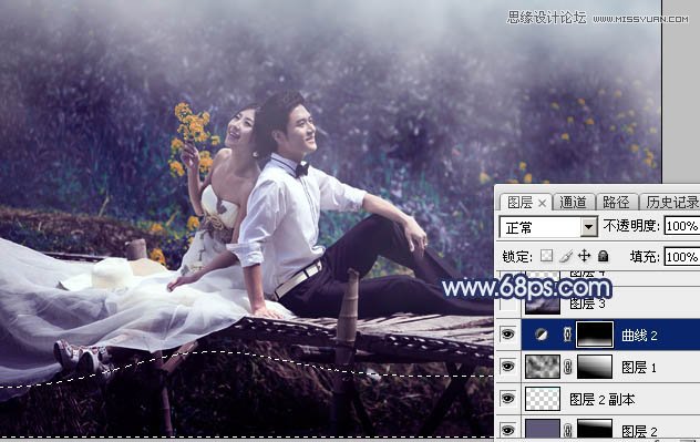 Photoshop调出河边婚纱照梦幻蓝色调,PS教程,