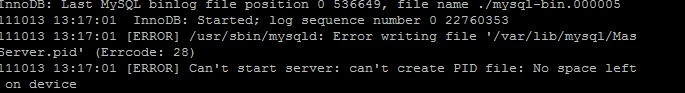 mysql：Can&#39;t start server: can&#39;t create PID file: No space left on device