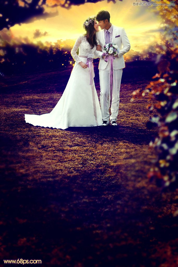 Photoshop调出梦幻紫色效果的外景婚纱照教程”