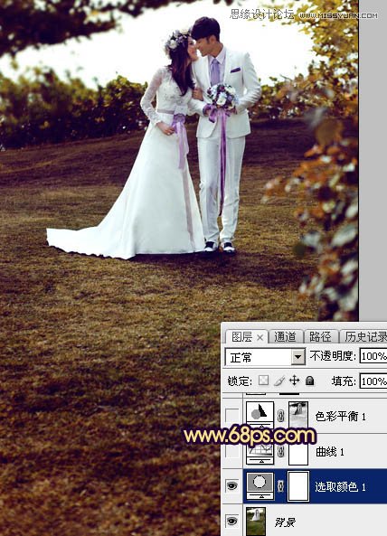 Photoshop调出梦幻紫色效果的外景婚纱照片