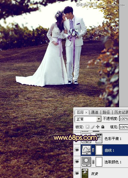 Photoshop调出梦幻紫色效果的外景婚纱照片