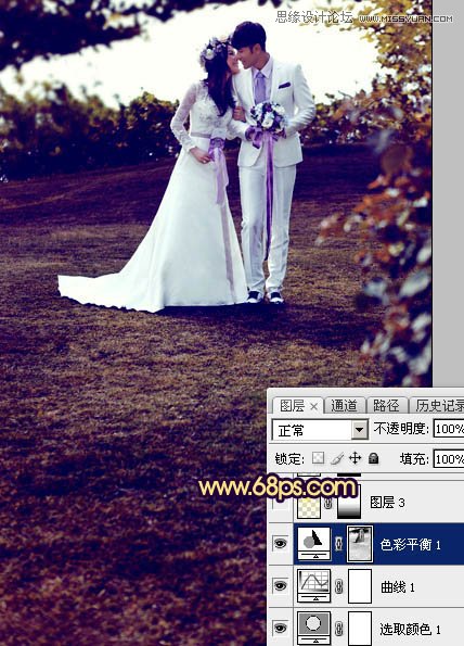 Photoshop调出梦幻紫色效果的外景婚纱照片