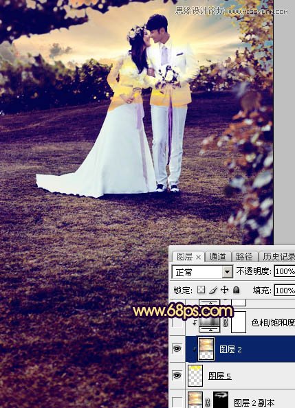 Photoshop调出梦幻紫色效果的外景婚纱照片