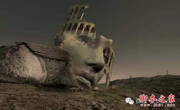 用PS图片素材合成一个石屋前的老人抽象画