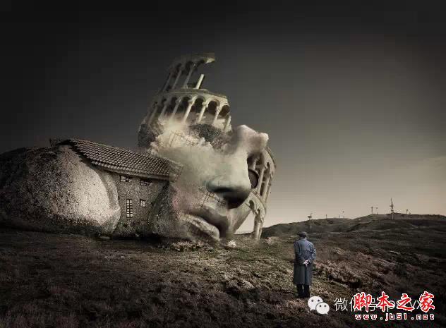 用PS图片素材合成一个石屋前的老人抽象画