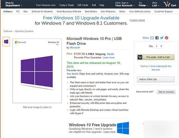 美亚马逊开启U盘版Win10预订 家庭版120美元