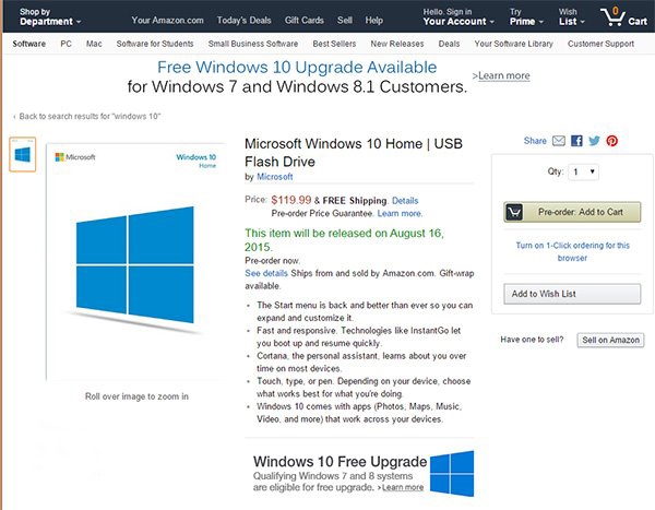 最低745元  U盘版Windows 10提前上架”