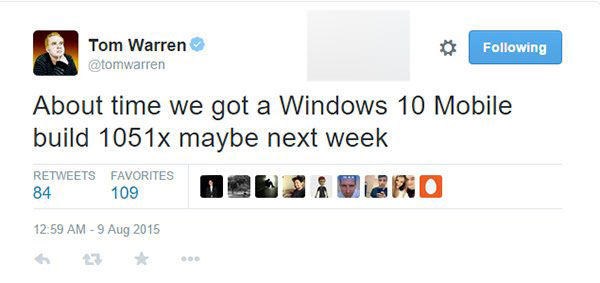 Win10 Mobile预览版最新是1051x(x代表某位数字)  预计本周推送”