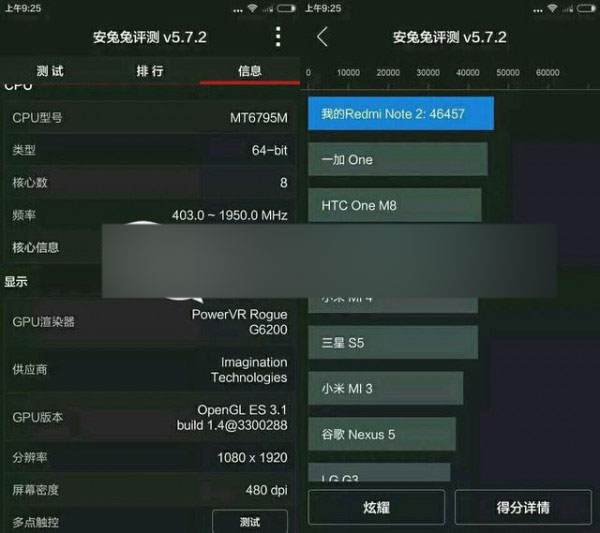 红米Note2跑分曝光 堪比两千元旗舰
