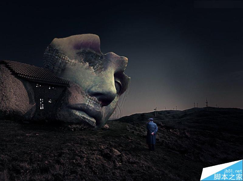 photoshop合成冷色风格的破损巨石人脸场景效果图