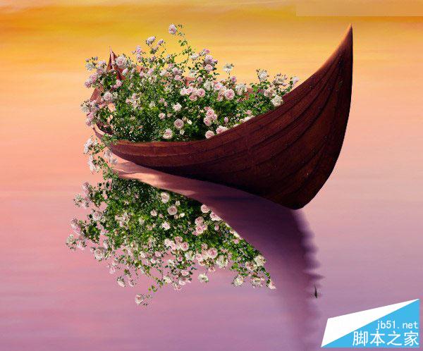 Photoshop合成梦幻风格湖载满鲜花的湖中小舟场景图