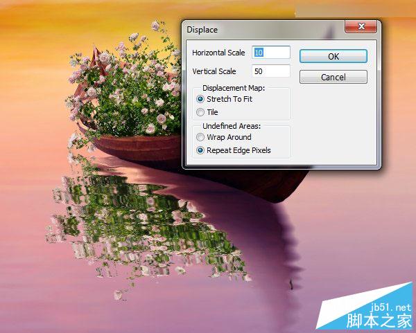 Photoshop合成梦幻风格湖载满鲜花的湖中小舟场景图