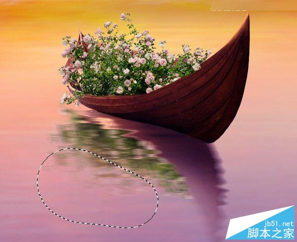 Photoshop合成梦幻风格湖载满鲜花的湖中小舟场景图