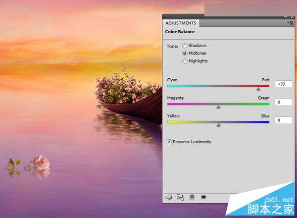 Photoshop合成梦幻风格湖载满鲜花的湖中小舟场景图