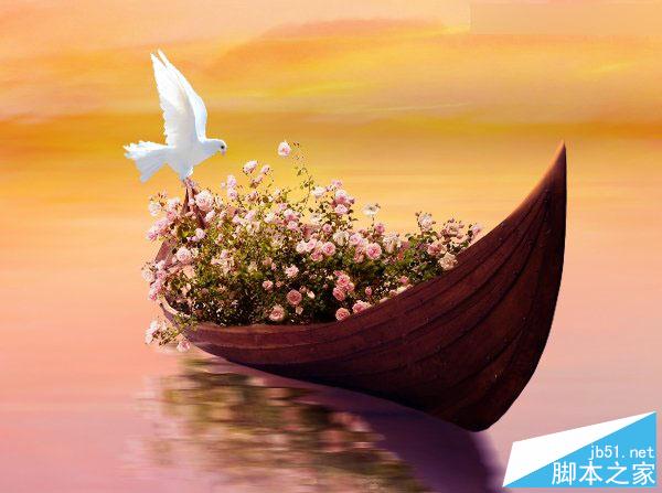 Photoshop合成梦幻风格湖载满鲜花的湖中小舟场景图