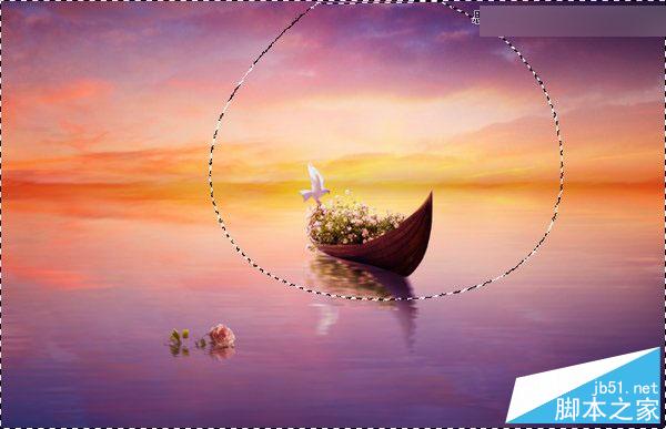 Photoshop合成梦幻风格湖载满鲜花的湖中小舟场景图