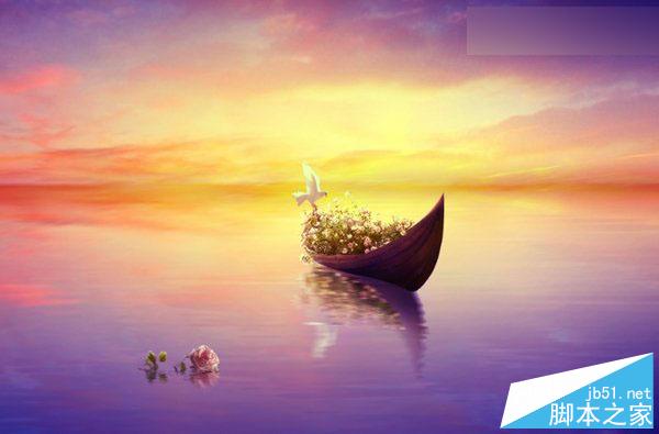 Photoshop合成梦幻风格湖载满鲜花的湖中小舟场景图