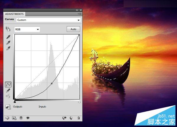 Photoshop合成梦幻风格湖载满鲜花的湖中小舟场景图