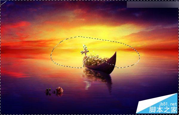 Photoshop合成梦幻风格湖载满鲜花的湖中小舟场景图