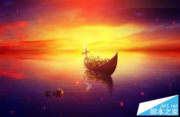 Photoshop合成梦幻风格湖载满鲜花的湖中小舟场景图