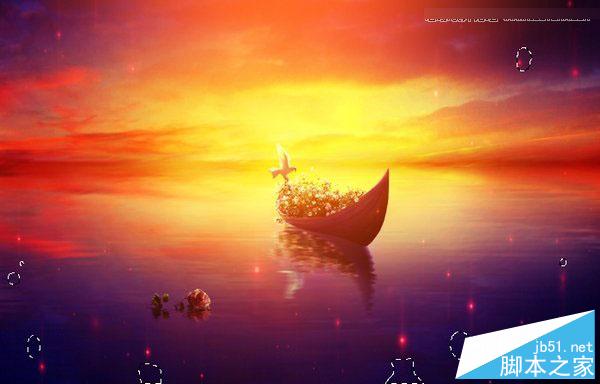 Photoshop合成梦幻风格湖载满鲜花的湖中小舟场景图