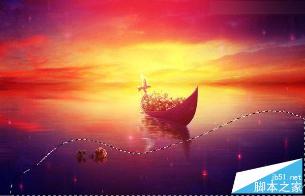 Photoshop合成梦幻风格湖载满鲜花的湖中小舟场景图