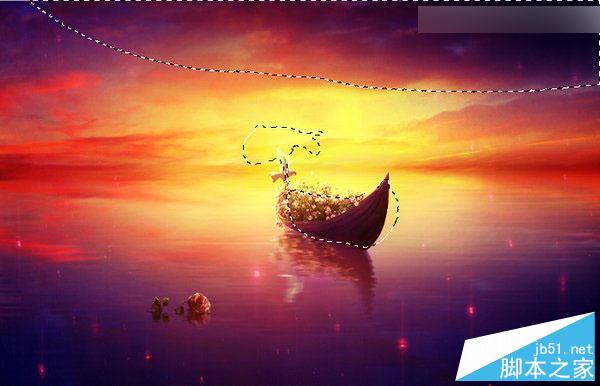 Photoshop合成梦幻风格湖载满鲜花的湖中小舟场景图