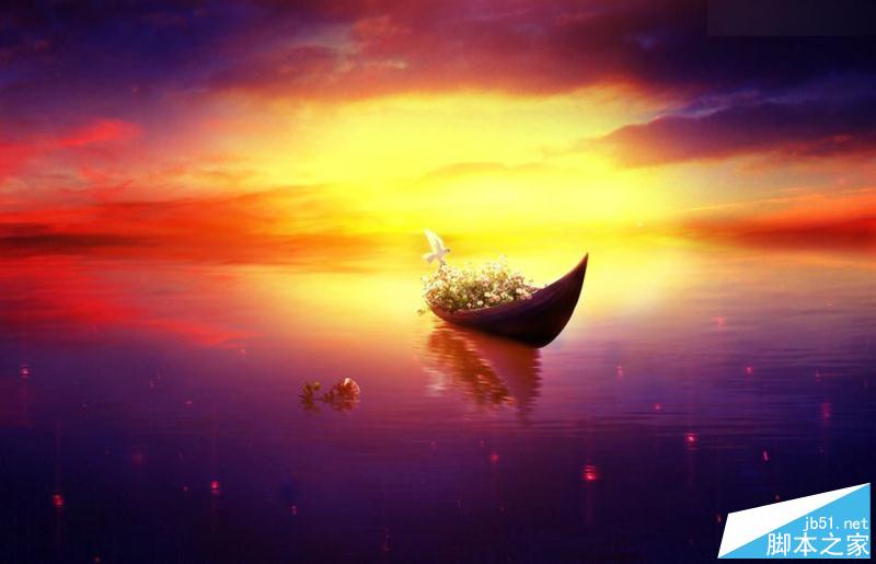 Photoshop合成梦幻风格湖载满鲜花的湖中小舟场景图