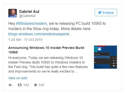 微软开始推送Win10预览版10565慢速通道更新”