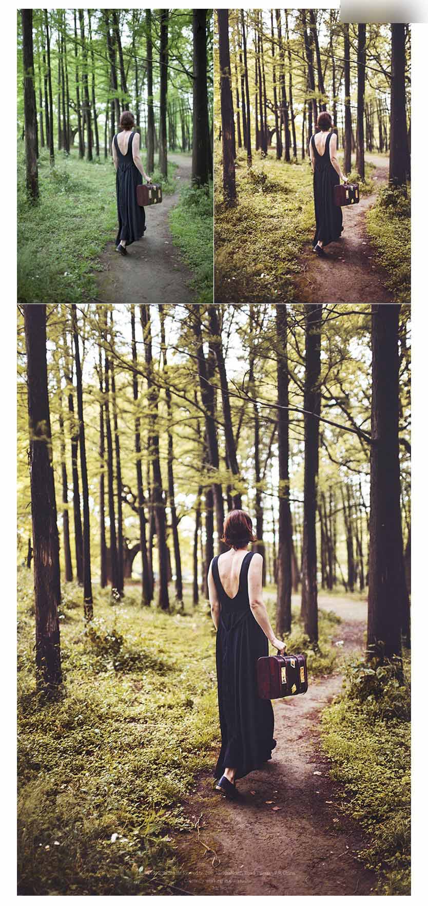 Photoshop调出有意境的秋季淡黄色调的森林女孩效果”