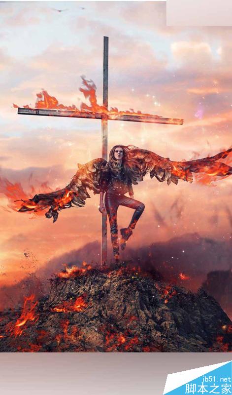 Photoshop给十字架上天使照片添加火焰燃烧的特效”