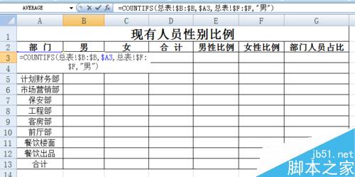 EXCEL花名册实时自动生成各部门性别比例