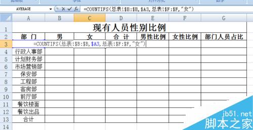 EXCEL花名册实时自动生成各部门性别比例