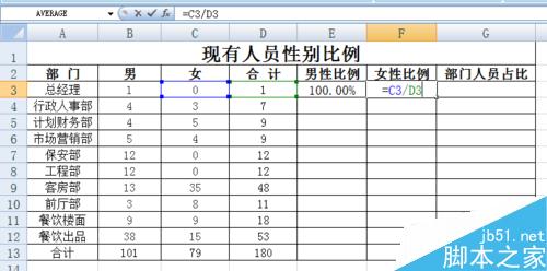 EXCEL花名册实时自动生成各部门性别比例