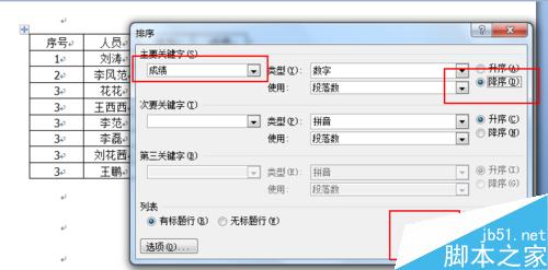 word 文档总成绩如何排序？