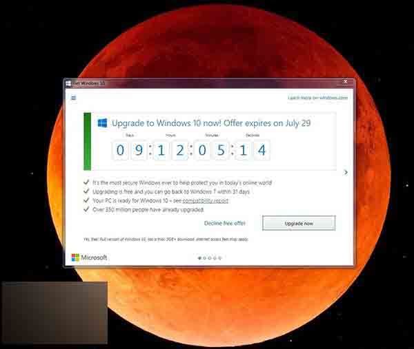 微软Win10免费升级通知开启自毁倒计时模式”