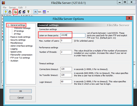 配置FileZilla Server的基本设置（General settings）