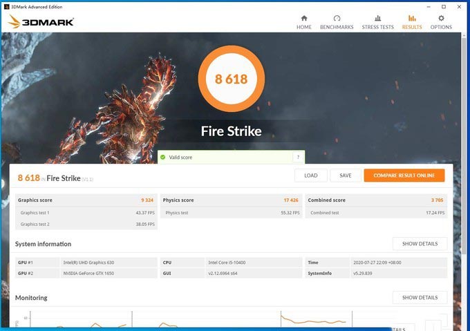 3DMark Fire Strike得分8618，显卡分9324，物理分17426