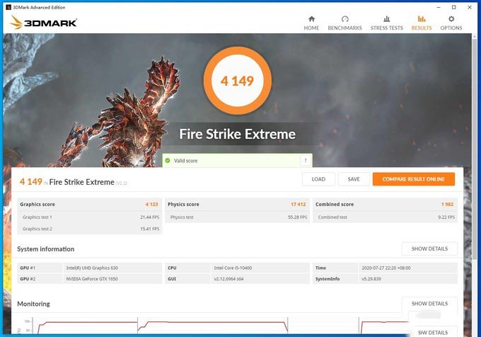 3DMark FSE得分4149，显卡分4123，物理分17412