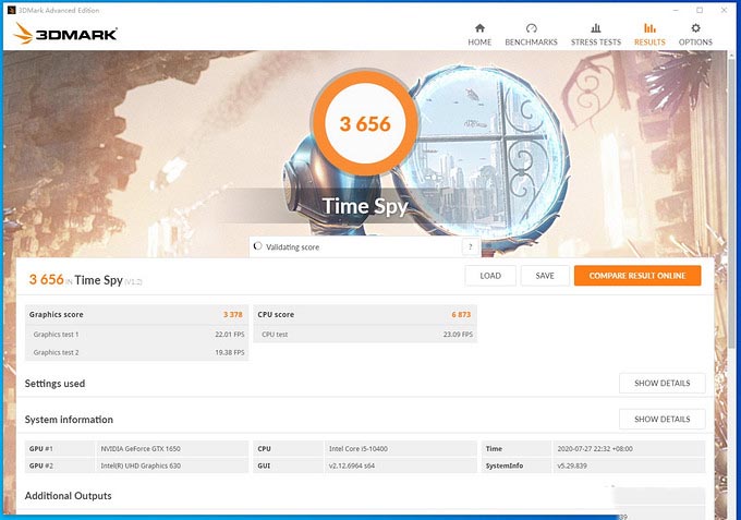 3DMark Time Spy得分3656，显卡分3378，物理分6873