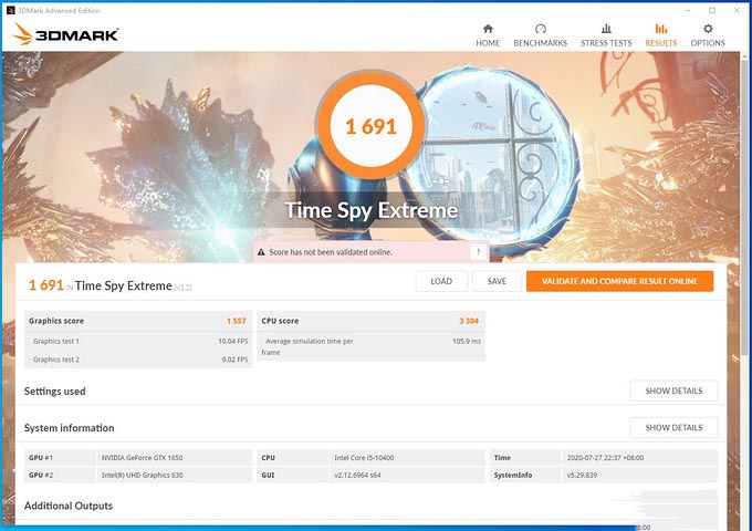 3DMark TSE得分1691，显卡分1557，物理分3304