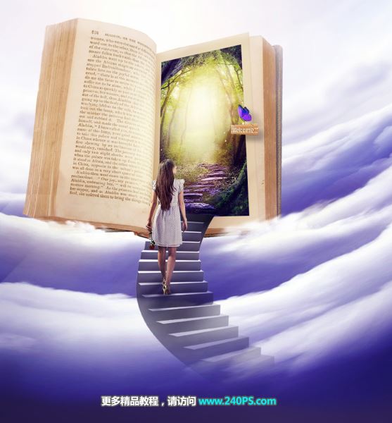 如何使用Photoshop制作從雲梯走進書本中的奇幻森林場景