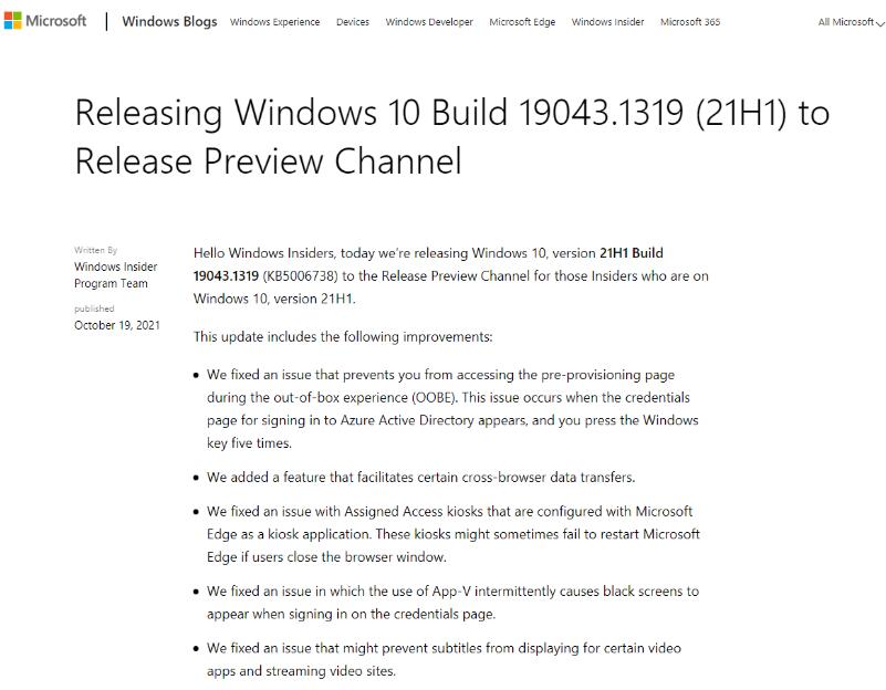 Win10 Build 19044.1319(21H1)预览版发布：修复 Bug提高安全性”