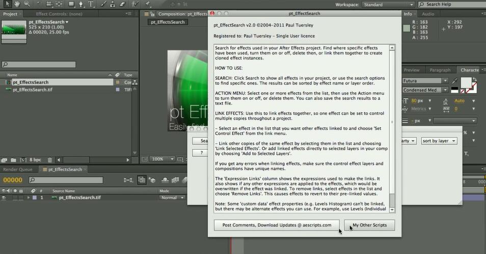 AEscripts脚本下载 AE特效搜索管理脚本AEscripts pt_EffectSearch v3.51 免费版(含视频教程)